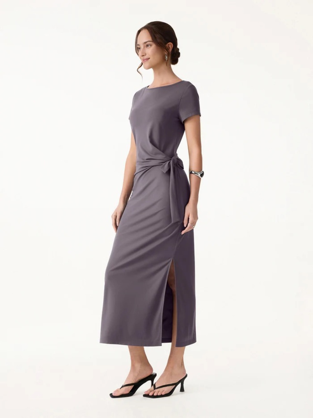 OGL Ponte Cooling Wrinkle-Resistant Side Waist Tie Midi Dress with Slit